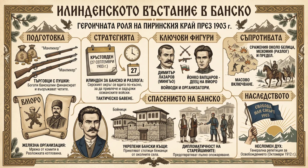 Красочная инфографика в ретро-стиле, иллюстрирующая историю Илинденского восстания в Банско и Пиринской области в 1903 году. Она озаглавлена "Илинденское восстание в Банско" и состоит из нескольких разделов: Подготовка, Стратегия, Ключевые фигуры, Сопротивление, Спасение Банско, Наследие. Включает иллюстрации комитетов, оружия, домов, портреты Ёнко Вапцарова и Димитара Лазарова и др.