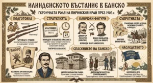 Красочная инфографика в ретро-стиле, иллюстрирующая историю Илинденского восстания в Банско и Пиринской области в 1903 году. Она озаглавлена "Илинденское восстание в Банско" и состоит из нескольких разделов: Подготовка, Стратегия, Ключевые фигуры, Сопротивление, Спасение Банско, Наследие. Включает иллюстрации комитетов, оружия, домов, портреты Ёнко Вапцарова и Димитара Лазарова и др.