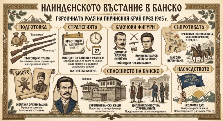 Colorful infographic in retro style, illustrating the history of the Ilinden Uprising in Bansko and the Pirin region in 1903. It has the title "THE ILINDEN Uprising IN BANSKO" and several sections: Preparation, Strategy, Key Figures, Resistance, Salvation of Bansko, Legacy. Includes illustrations of committees, weapons, houses, portraits of Yonko Vaptsarov and Dimitar Lazarov, etc.