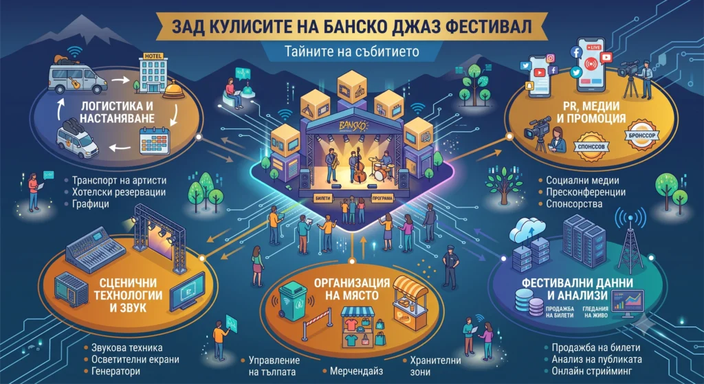 За кулисами джазового фестиваля в Банско: секреты мероприятия 1 Современная изометрическая инфографика на болгарском языке под названием "За кулисами джазового фестиваля в Банско: секреты мероприятия", демонстрирующая центральную сцену с джазовыми исполнителями и пять взаимосвязанных круглых зон для логистики и размещения, PR-деятельности и продвижения, сценического оборудования и звука, организации мероприятия на месте, а также данных и аналитики фестиваля.