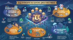 Современная изометрическая инфографика на болгарском языке под названием "За кулисами джазового фестиваля в Банско: секреты мероприятия", демонстрирующая центральную сцену с джазовыми исполнителями и пять взаимосвязанных круглых зон для логистики и размещения, PR-деятельности и продвижения, сценического оборудования и звука, организации мероприятия на месте, а также данных и аналитики фестиваля.