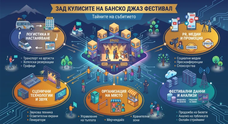 Современная изометрическая инфографика на болгарском языке под названием "За кулисами джазового фестиваля в Банско: секреты мероприятия", демонстрирующая центральную сцену с джазовыми исполнителями и пять взаимосвязанных круглых зон для логистики и размещения, PR-деятельности и продвижения, сценического оборудования и звука, организации мероприятия на месте, а также данных и аналитики фестиваля.