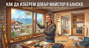 An informative infographic image with a smiling craftsman installing a window and a panorama of Bansko with the mountains. The text reads "How to choose a good craftsman in Bansko - A guide to quality repairs in the mountains" and includes icons for carpentry, kitchen, bathrooms, floors, and painting.