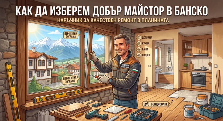 An informative infographic image with a smiling craftsman installing a window and a panorama of Bansko with the mountains. The text reads "How to choose a good craftsman in Bansko - A guide to quality repairs in the mountains" and includes icons for carpentry, kitchen, bathrooms, floors, and painting.