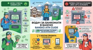 Illustrated infographic for withdrawing money in Bansko, showing a green list of ATMs with no fees, a red list of ATMs with fees, and three golden rules for avoiding hidden costs.