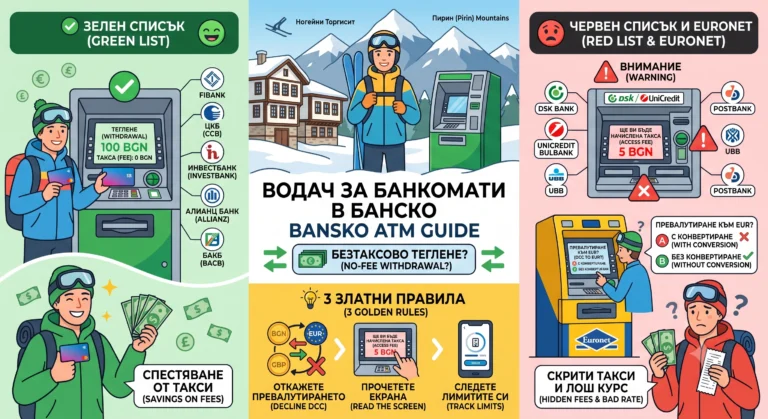 Illustrated infographic for withdrawing money in Bansko, showing a green list of ATMs with no fees, a red list of ATMs with fees, and three golden rules for avoiding hidden costs.