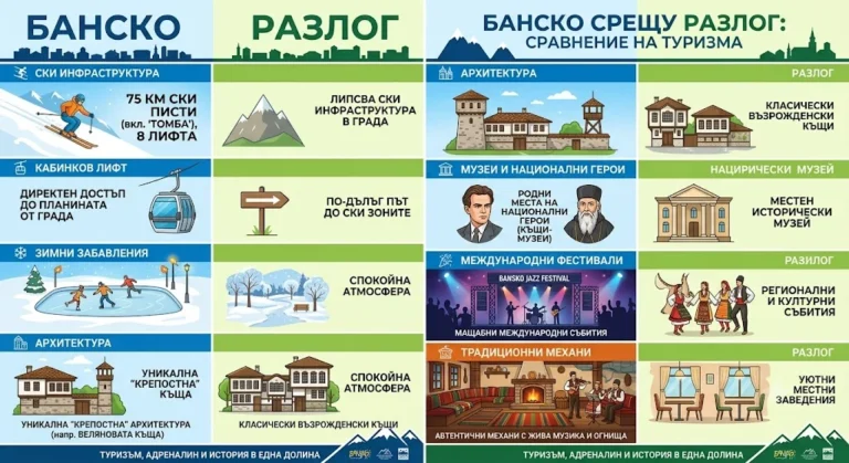 Иконографика сравняваща туризма ски инфраструктурата архитектурата и културните събития в Банско и Разлог