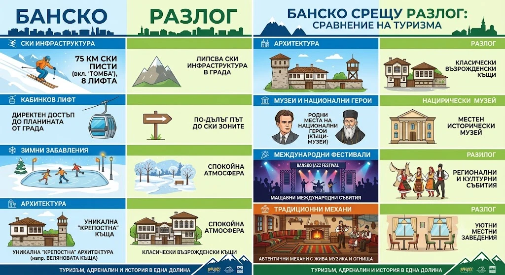 Туризъм и адреналин: Банско срещу Разлог – какво има тук, но липсва при съседа? 1 Иконографика сравняваща туризма ски инфраструктурата архитектурата и културните събития в Банско и Разлог