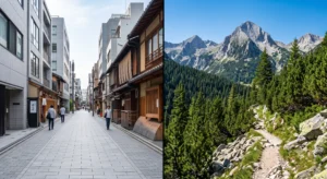 Split image showing a clean Japanese city street and a clean mountain trail to Vihren Peak in Pirin National Park.