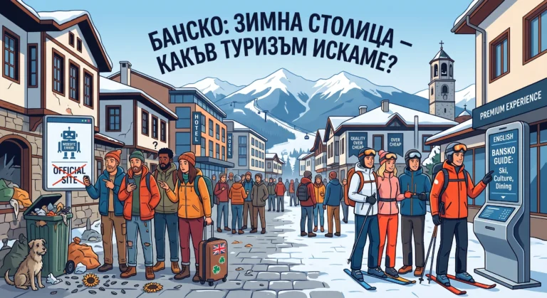 Дигитална илюстрация на Банско, показваща контраст между проблемен и висок клас туризъм. Отляво: преляла кофа за боклук, бездомно куче, слънчогледови семки по земята и объркани туристи пред развален цифров екран Oficial Site с надпис Website Error. Отдясно: доволни скиори пред интерактивен гид на английски език с надписи Premium Experience и Quality Over Cheap. На заден план планини и църковна камбанария.