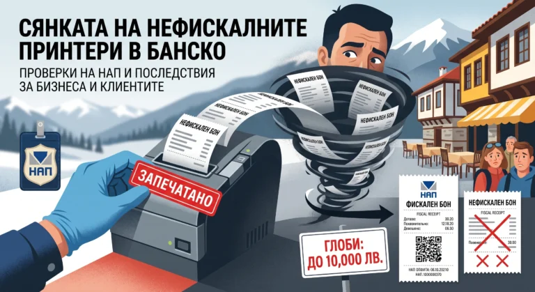 Инфографика за борбата с нефискалните принтери в Банско, показваща запечатване на устройство от НАП и разликата между фискален и нефискален бон