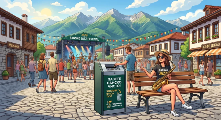 Ярка илюстрация на Bansko Jazz Festival на открито с планински фон. Човек хвърля цигарена угарка в специално кошче с надпис „ПАЗЕТЕ БАНСКО ЧИСТО“ и „ХВЪРЛИ ФАСА ТУК“, част от кампанията „Промени картинката“. Жена със саксофон на пейка сочи към кошчето, докато тълпа се радва на концерт на заден план.