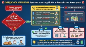 Подробная инфографика на болгарском языке под названием «Алгоритм действий в экстренных случаях: Моя собака заболела после 18:00 в Банско-Разлоге. Что мне делать?» показывает шаги, которые необходимо предпринять в случае ветеринарной чрезвычайной ситуации. Включает оценку симптомов, контакт с местными ветеринарами в Банско и Разлоге, альтернативы круглосуточным клиникам в Пернике и Софии в случае отсутствия помощи, а также советы по подготовке и обмену контактной информацией. Диаграмма содержит значки собак, врачей, телефонов, автомобилей и медицинского оборудования.