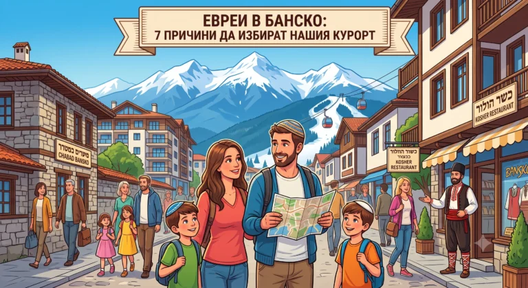 Илюстрация на оживена улица в Банско, България, с еврейско семейство и множество табели на иврит и английски за кошер бизнеси пред планината Пирин.