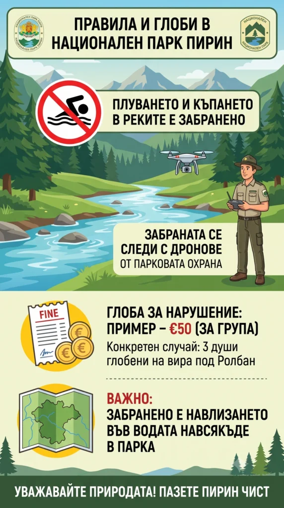 Глоби за къпане в Пирин: Дронове следят за нарушители 1 Илюстрована инфографика, описваща правила и глоби в Национален парк Пирин. Показва забрана за плуване в реките, рейнджър с дрон за наблюдение, пример за глоба от 50 евро за група и напомняне, че навлизането във водата е забранено навсякъде в парка