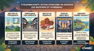 Иллюстративная инфографика, демонстрирующая конкретные преимущества летнего отдыха в Банско для болгар, проживающих за границей. Она включает в себя разделы о горной прохладе, аутентичной архитектуре, традиционной кухне, джазовом фестивале и расположении недалеко от Греции.