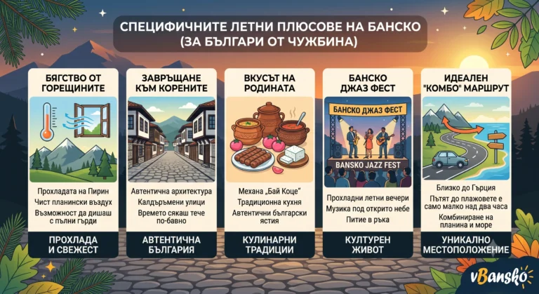 Инфографика в илюстративен стил, показваща специфичните летни плюсове на Банско за българи от чужбина. Тя включва панели за прохлада в планината, автентична архитектура, традиционна кухня, джаз фестивал и местоположение близо до Гърция.