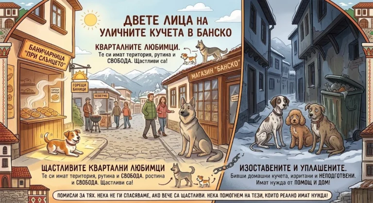 Илюстрация, показваща контраста между щастливи квартални кучета пред баничарница и магазин в Банско и тъжни, уплашени изоставени кучета до кофа за боклук през зимата.