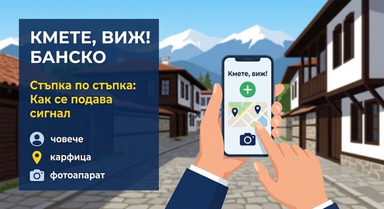 Илюстрация, показваща ръка, държаща смартфон с приложението „Кмете, виж!“ на фон от традиционна улица в Банско. На екрана се вижда интерфейс с карта, бутони за снимки и информация. Вляво има син блок с текст на български: „КМЕТЕ, ВИЖ! БАНСКО“ и „Стъпка по стъпка: Как се подава сигнал