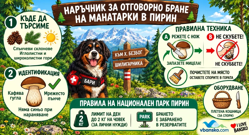 Подробна илюстративна инфографика на български език, озаглавена "НАРЪЧНИК ЗА ОТГОВОРНО БРАНЕ НА МАНАТАРКИ В ПИРИН". Централната фигура е бернско пастирско куче със спасителна жилетка на име "БАРИ", а на заден план се виждат заснежени пирински планини и указателна табела. Инфографиката е разделена на основни панели, предоставящи информация за местоположението на манатарките (слънчеви склонове, иглолистни гори), безопасното им идентифициране (кафява гугла, мрежесто пънче, не посинява), правилната техника на рязане с нож за запазване на мицела, почистването на гъбите на място, за да се оставят спорите, и препоръчаното оборудване като плетена кошница. Тя също така очертава основните правила на Национален парк „Пирин“, включително лимит за бране от 2 кг на ден на човек и забрана за бране в природни резервати. Логото на vBansko.com и текстът „I LOVE BANSKO“ са в долната част.