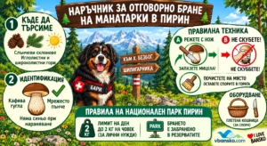 Подробна илюстративна инфографика на български език, озаглавена "НАРЪЧНИК ЗА ОТГОВОРНО БРАНЕ НА МАНАТАРКИ В ПИРИН". Централната фигура е бернско пастирско куче със спасителна жилетка на име "БАРИ", а на заден план се виждат заснежени пирински планини и указателна табела. Инфографиката е разделена на основни панели, предоставящи информация за местоположението на манатарките (слънчеви склонове, иглолистни гори), безопасното им идентифициране (кафява гугла, мрежесто пънче, не посинява), правилната техника на рязане с нож за запазване на мицела, почистването на гъбите на място, за да се оставят спорите, и препоръчаното оборудване като плетена кошница. Тя също така очертава основните правила на Национален парк „Пирин“, включително лимит за бране от 2 кг на ден на човек и забрана за бране в природни резервати. Логото на vBansko.com и текстът „I LOVE BANSKO“ са в долната част.