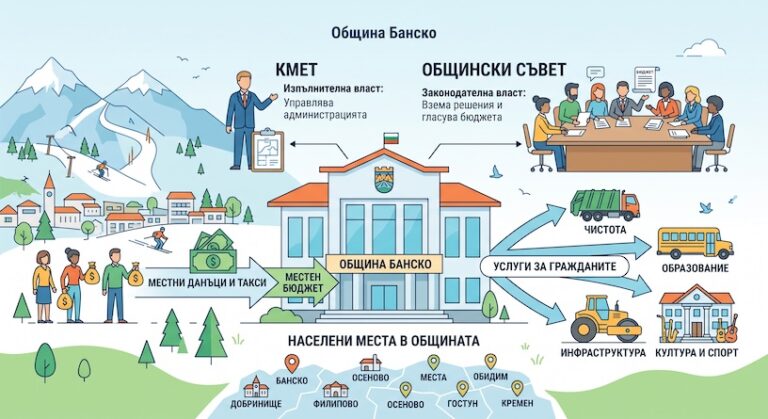 Инфографика, демонстрирующая подробную структуру управления муниципалитетом Банско, с разделением законодательной и исполнительной власти и их функциями.