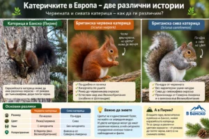 Инфографика сравняваща евразийската катерица в Банско и Пирин с британската червена и британската сива катерица