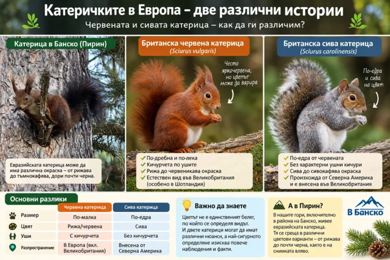 Инфографика сравняваща евразийската катерица в Банско и Пирин с британската червена и британската сива катерица