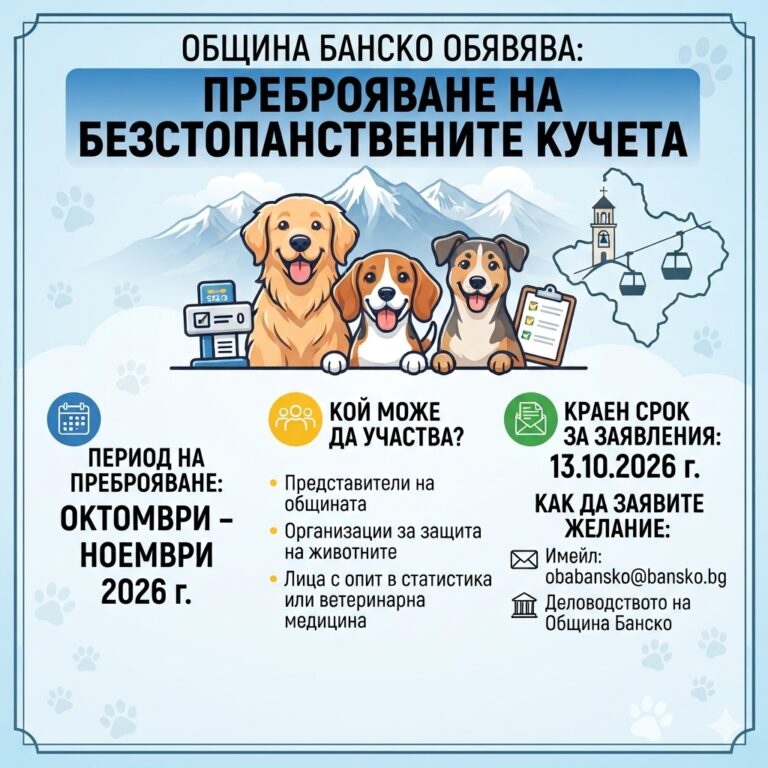 Информационен банер от Община Банско за преброяване на безстопанствените кучета през октомври и ноември 2026 г